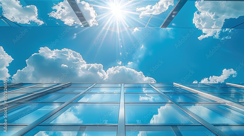 Poster A Diagonal bottom view from inside a transparent polycarbonate roof terrace with a radiant glimpse of a sky. Bright sunny day. Generative AI.