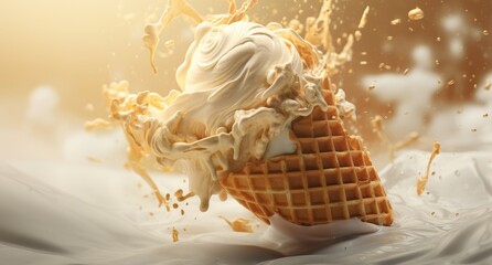 Delicious waffle cone with creamy ice cream