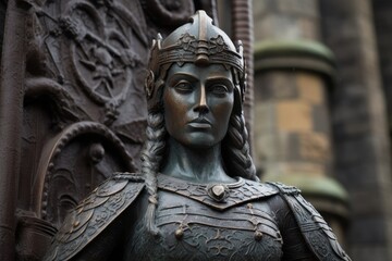 Ornate bronze statue of a warrior woman with intricate armor and headdress