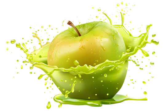 Fresh ripe green apple fruits with juice splash, isolated illustration on transparent background. Healthy food and tropical fruit drink, splashing fruit beverage liquid. PNG, cutout.