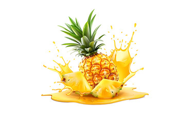 Fresh ripe pineapple, ananas fruits with juice splash, isolated illustration on transparent background. Healthy food and tropical fruit drink, splashing fruit beverage liquid. PNG, cutout.