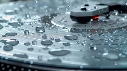 An image of a turntable on a white background with drops