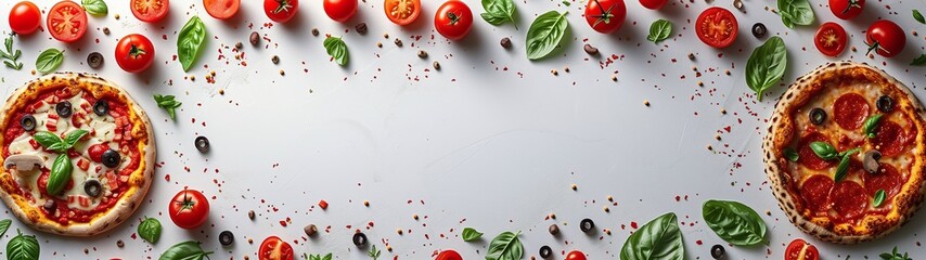 gourmet pizza surrounded by fresh ingredient, pizza frame border on white background
