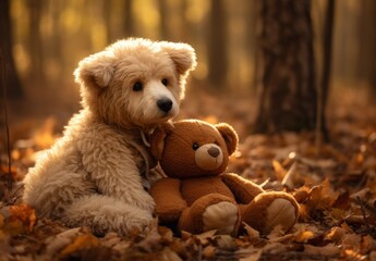 Fluffy dog with stuffed bear in autumn leaves