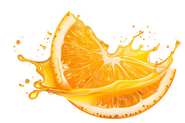 Fresh ripe slice of orange fruit with juice splash, isolated illustration on transparent background. Healthy food and tropical fruit drink, splashing fruit beverage liquid. PNG, cutout.