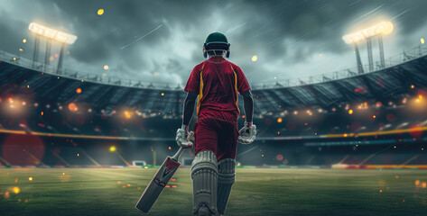 Male cricket player at night stadium. Generative AI.