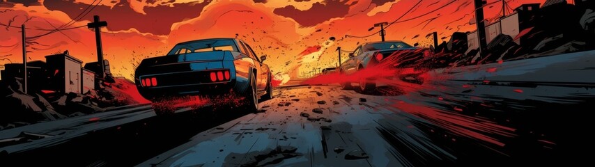 Fototapeta premium speeding muscle car on a post-apocalyptic road at sunset