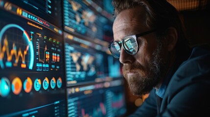Closeup of a focused business consultant interacting with futuristic holographic data analysis displays
