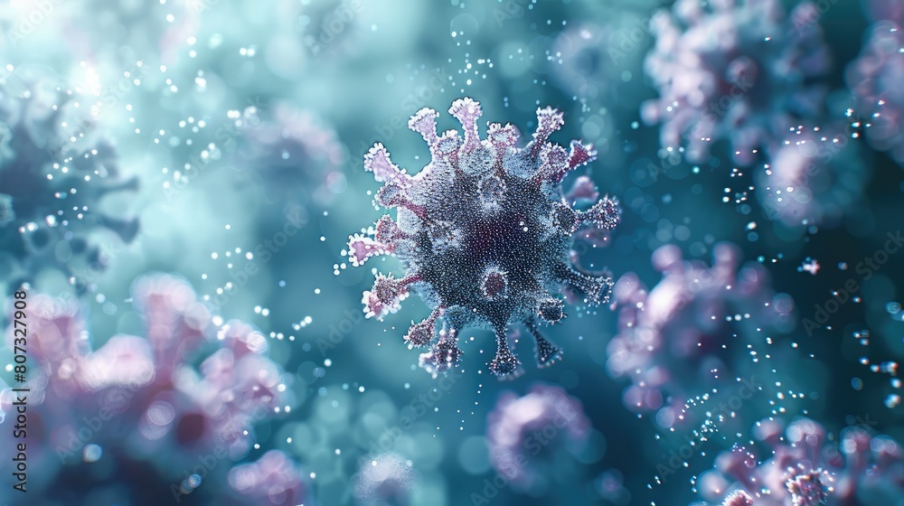 Poster A few clusters of dangerous-looking virus particles floating and interspersed throughout a fitness, highlighting the invisible threat of allergies. Generative AI.