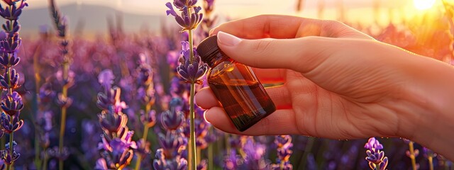 woman holding essential oil on lavender field