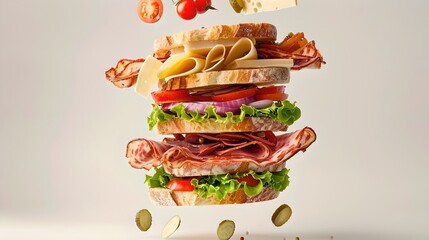 Deconstructed Sandwich Levitating Ingredients on White Background. Creative Food Concept with Fresh Ingredients. Perfect for Culinary Blogs. AI