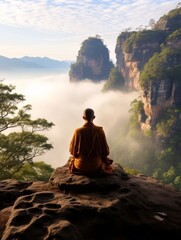 Serene monk meditating on rocky cliff overlooking misty mountains