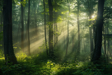 Fototapeta premium Magical foggy forest. Beautiful scene misty forest with sun rays and fog