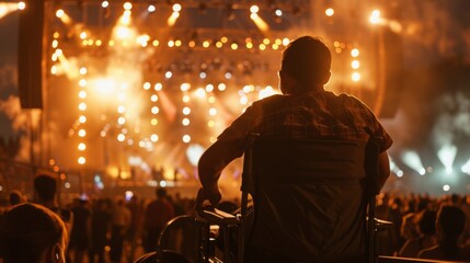 Fototapeta premium A man in a wheelchair sits watching colorful fireworks illuminating the night sky.