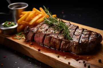Grilled steak with french fries and herbs