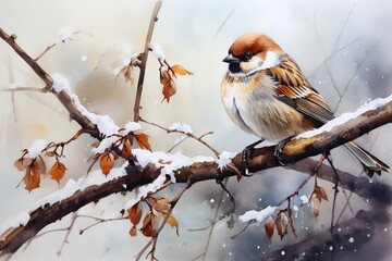 Fototapeta premium Sparrow on a snowy branch, soft whites and browns