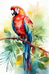 Colorful parrot in rainforest, vibrant greens and reds