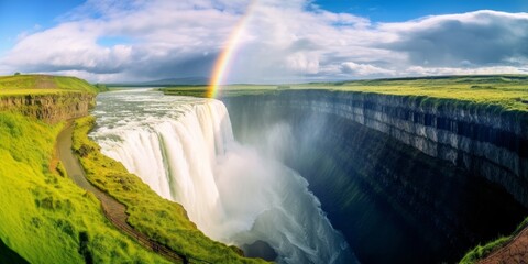 Breathtaking waterfall landscape with rainbow