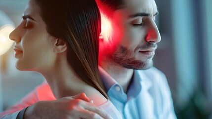 Contemplative young couple in soft indoor lighting, side by side. Introspective moment, modern lifestyle portrait. Serene, thoughtful expressions captured. AI