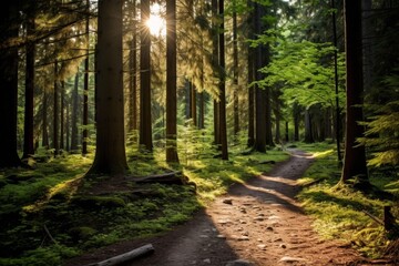 Obraz premium Serene forest path with sunlight streaming through the trees