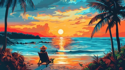 Tropical Sunset Serenity: Person Relaxing by the Seashore