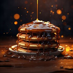 Delicious stacked pancakes with dripping golden syrup