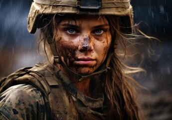 Fototapeta premium Determined female soldier in combat gear