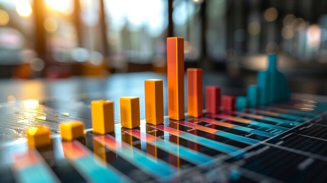 Colorful 3d bar graph depicting profitability comparisons on a reflective surface