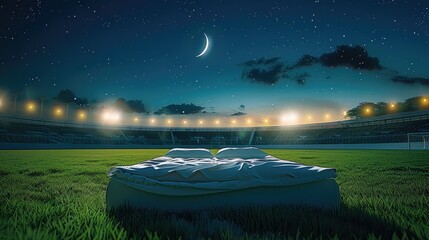 White bed placed in the middle of a soccer big stadium. green grass. lights. plain sky in night crescent moon. Generative AI.