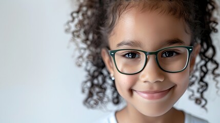 Smiling young girl with curly hair wearing glasses on a white background. Portrait of a happy child. Perfect for educational content. AI