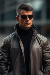 Obraz premium Mysterious man in sunglasses and leather jacket