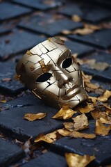 Cracked golden skull on autumn leaves