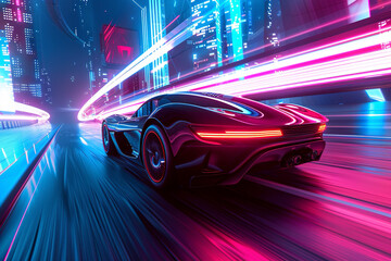 Naklejka premium Rear view of futuristic car with motion speed neon light