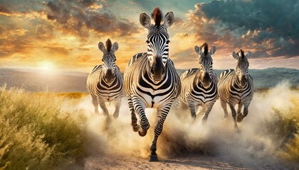 Fototapeta premium cebras corriendo a la puesta del sol