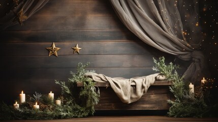 Obraz premium cozy christmas scene with wooden bench, greenery, and candles
