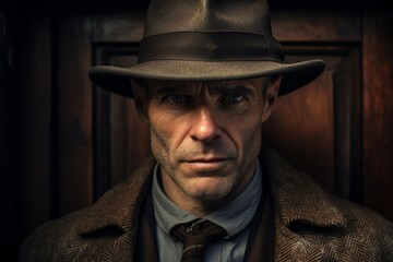 Serious man in hat and coat looking intently