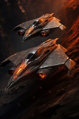 Futuristic spaceships flying over a fiery planet