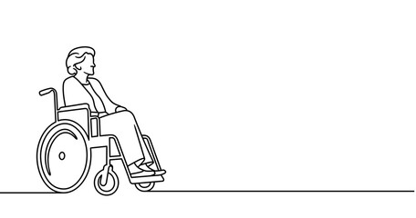 Continuous one line drawing of senior woman in wheelchair graphic design. Single line art illustration on transparent background