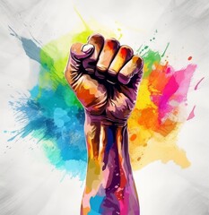 Fototapeta premium Raised fist with colorful abstract background