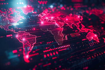 Obraz premium An innovative image featuring a holographic representation of a world map set against a captivating blue backdrop, symbolizing the integration of technology and geography.