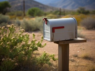 Mailbox in a rural desert landscape