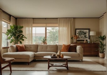 Inviting Living Room Warm Colored Furniture , couch and chair in a living room,  bay window, apartment
