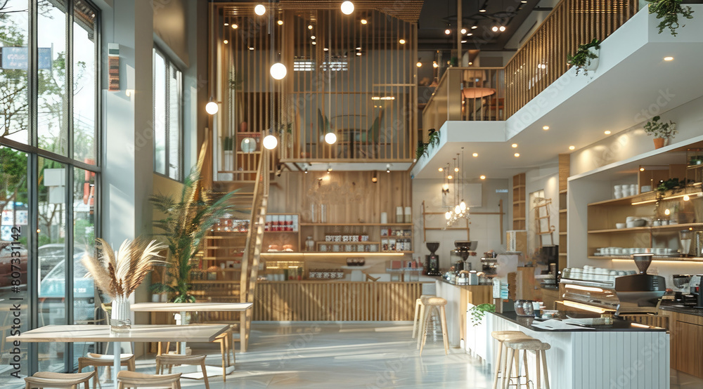 Poster Modern and simple cafe, with double-height space on the second floor. Generative AI.