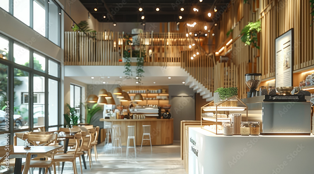 Poster Modern and simple cafe, with double-height space on the second floor. Generative AI.