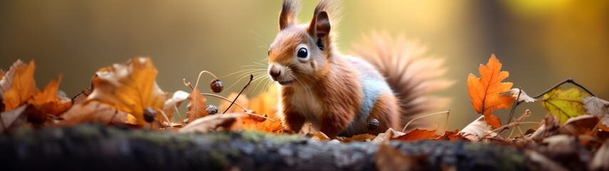 Obraz premium Curious squirrel in autumn leaves