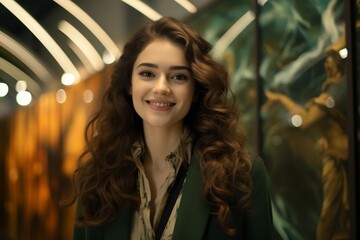 Fototapeta premium Smiling woman with curly hair in green jacket