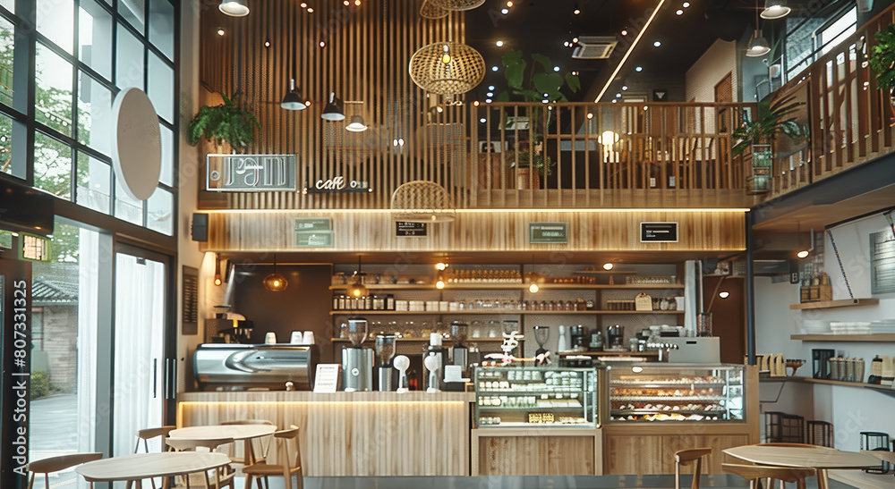 Aufkleber Modern and simple cafe, with double-height space on the second floor. Generative AI.