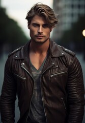 Fototapeta premium Handsome young man in leather jacket