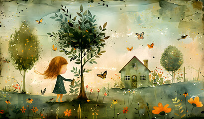 Little girl in the garden with tree and butterflies. Children's Day. Book cover design. Digital painting