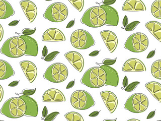 Lime fruit seamless pattern. Abstract doodle hand drawn green citrus. Exotic tropical fruit. Mojito, lemonade summer drink background for design